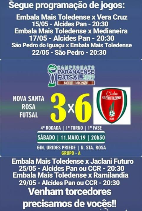 Toledense Futsal joga hoje  noite, s 20h30, contra  Vera Cruz do Oeste no Alcides Pan